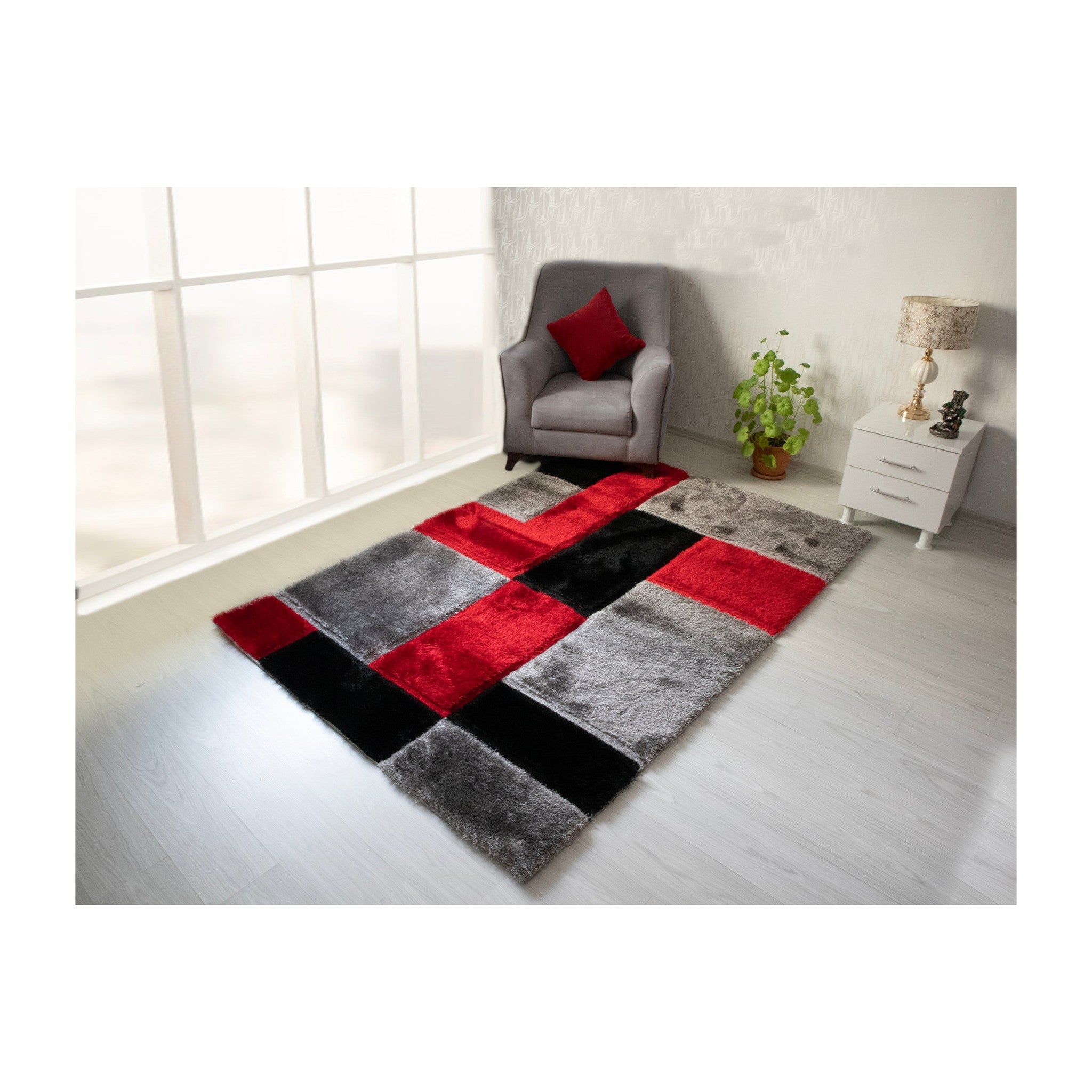 3D Shaggy GRAY-RED Area Rug - 3D161