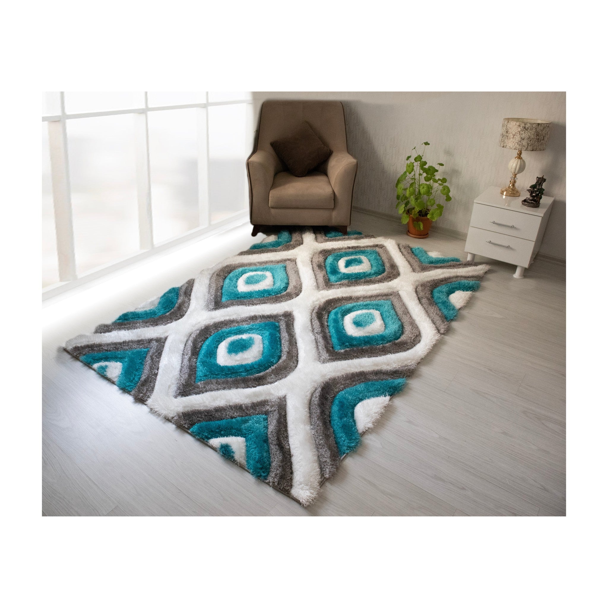3D Shaggy GRAY-TURQOUISE Area Rug - 3D151