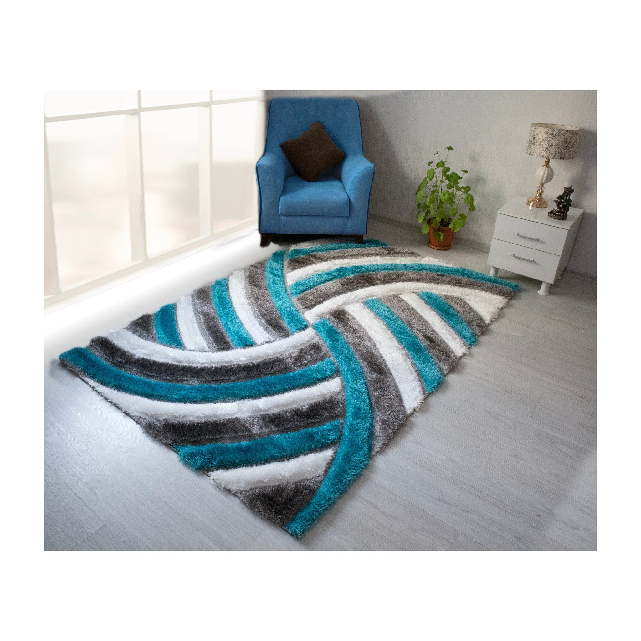 3D Shaggy GRAY-TURQOUISE Area Rug - 3D333
