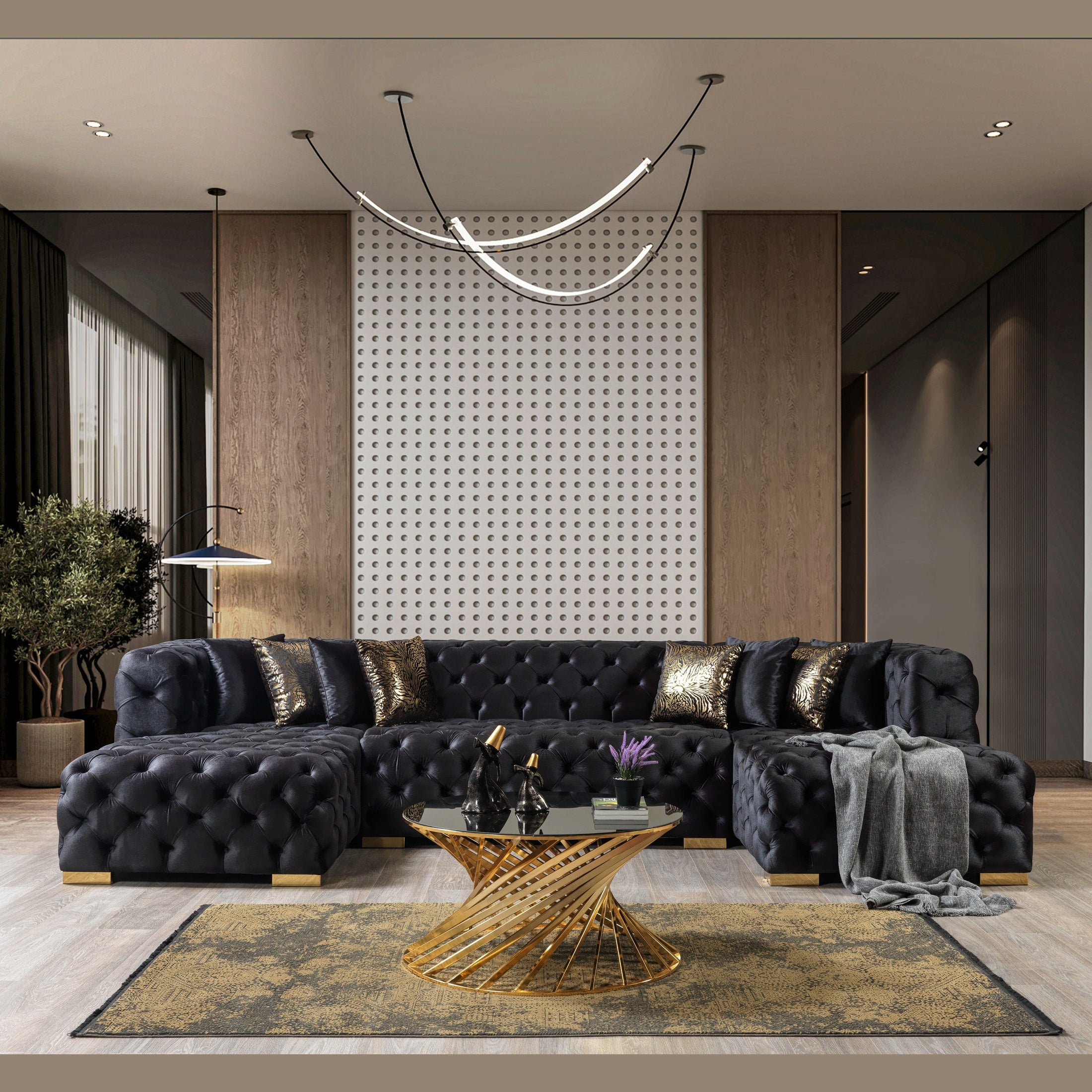 Neva Black Velvet Double Chaise 138" Sectional
