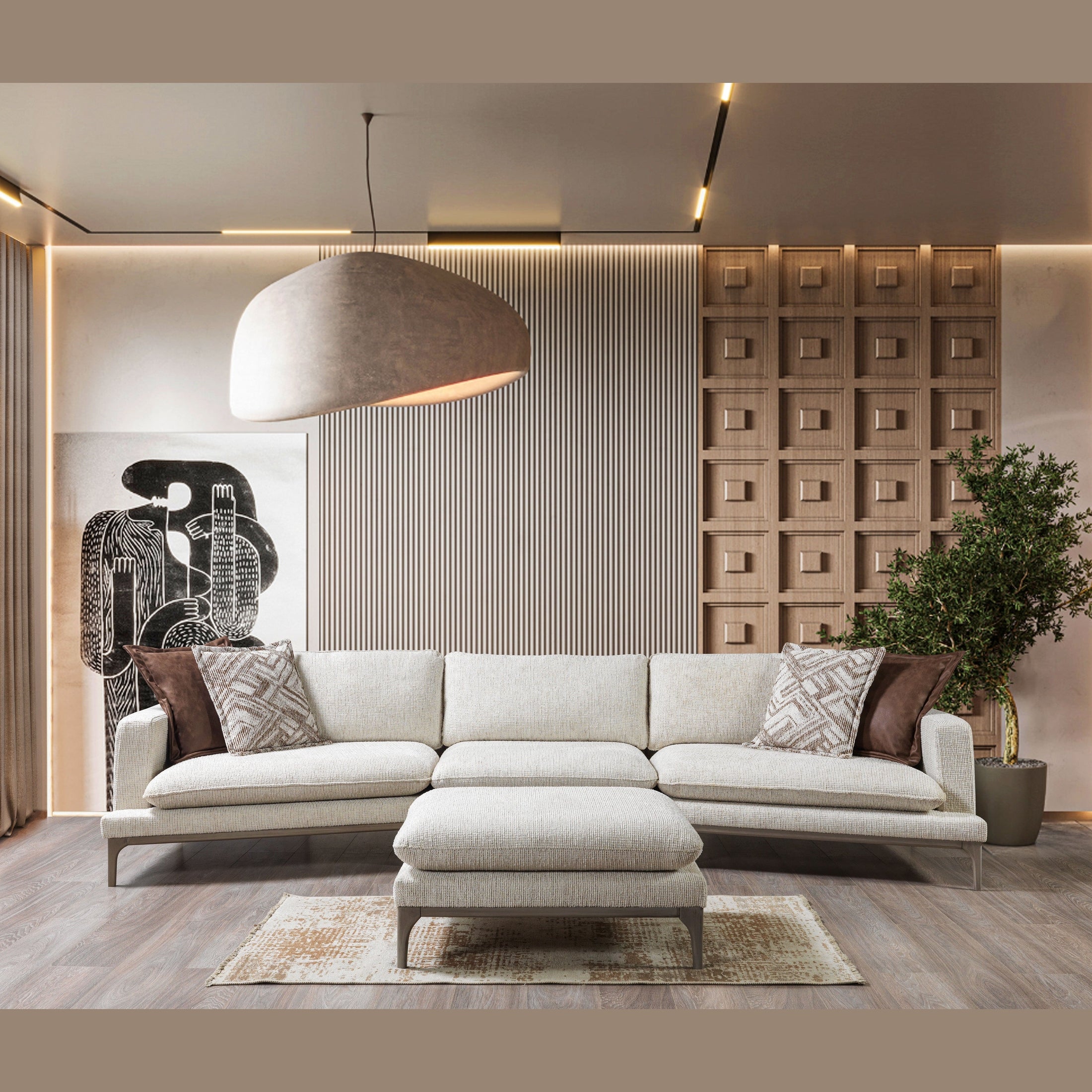 Dylan Ivory Linen 3-Piece Curved 126" Sectional with Ottoman
