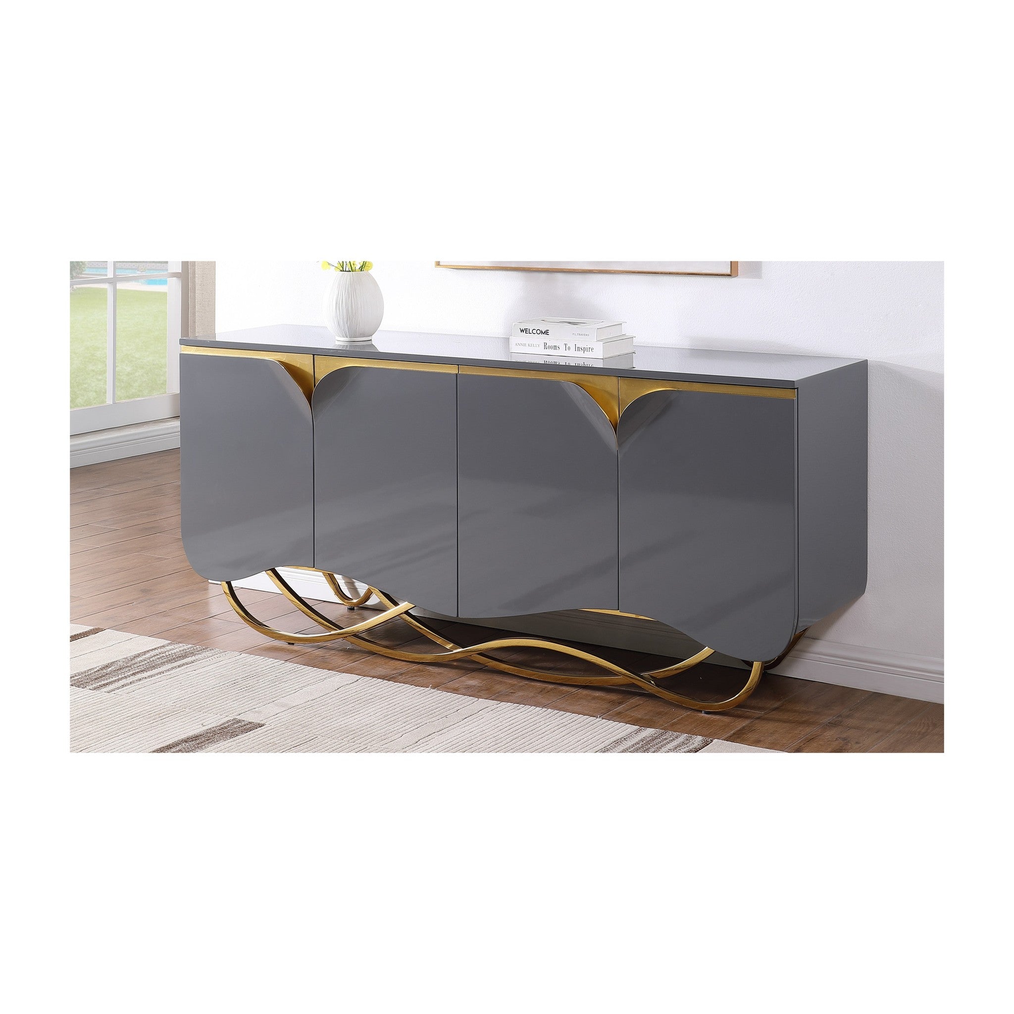 A-C15 Brivo Console Grey lacquer, shinning gold paint, gold stainless steel