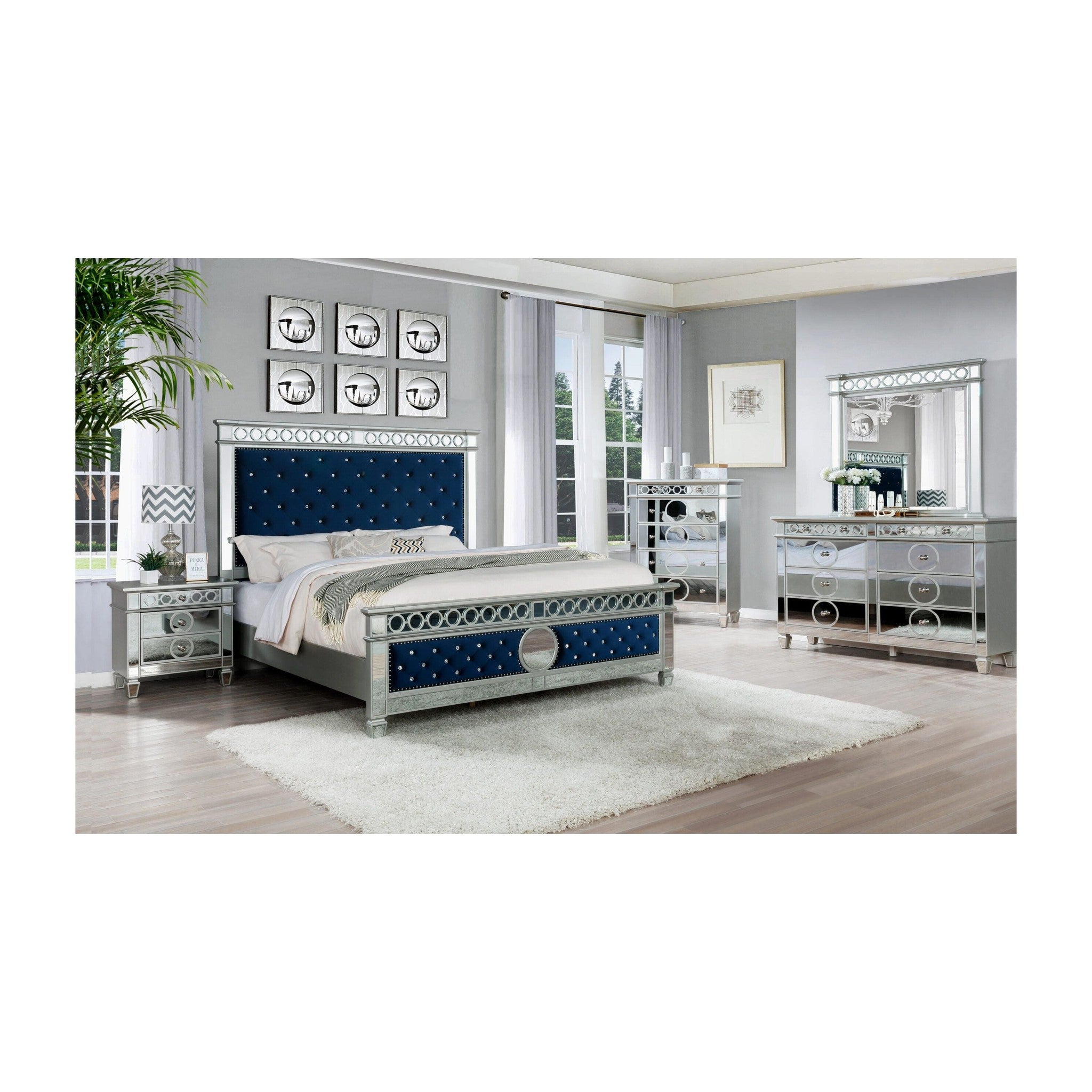 B1852 Bella (Blue Velvet) Silver and Navy Blue Velvet on Headboard