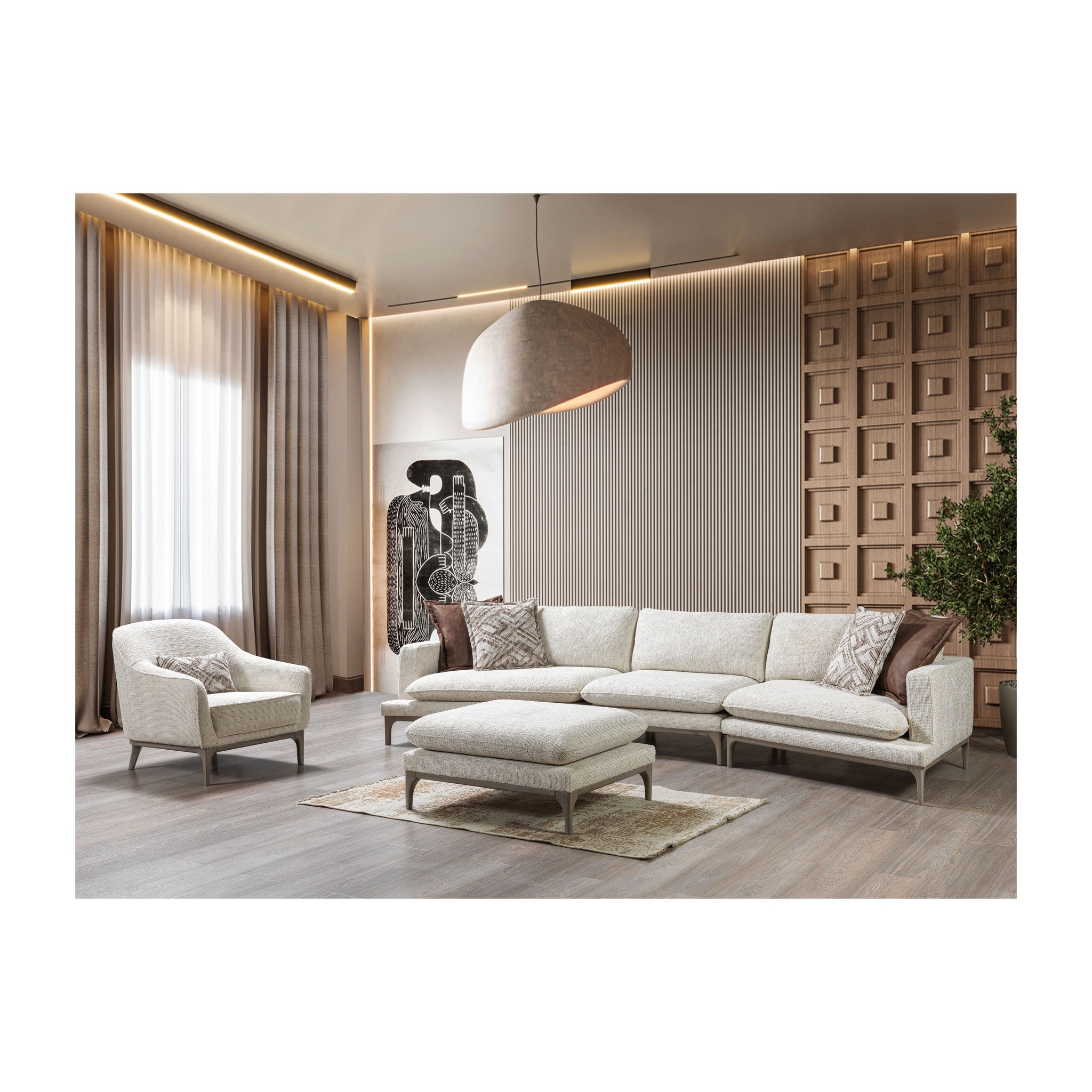 Dylan Ivory Linen 3-Piece Curved 126" Sectional with Ottoman