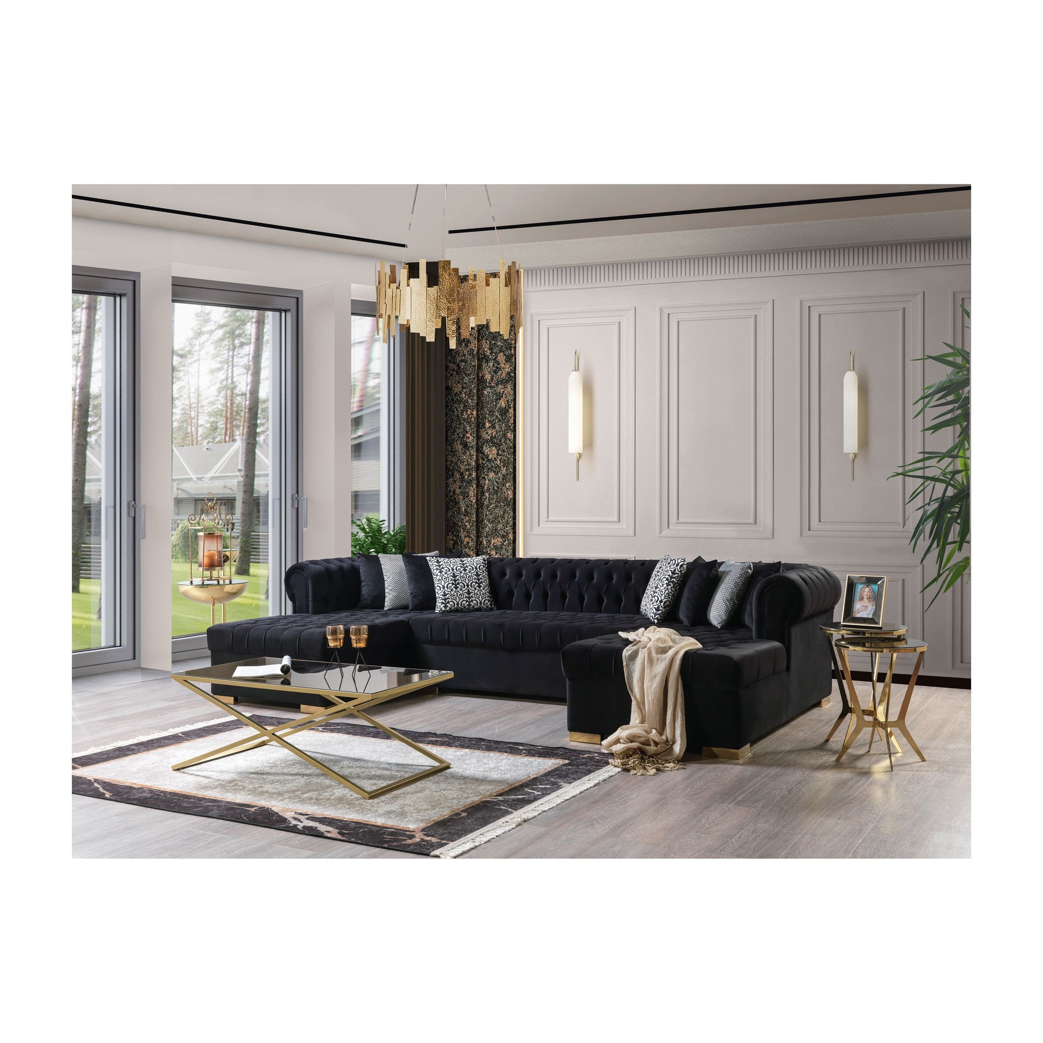Lauren Black Velvet Double Chaise 136" Sectional
