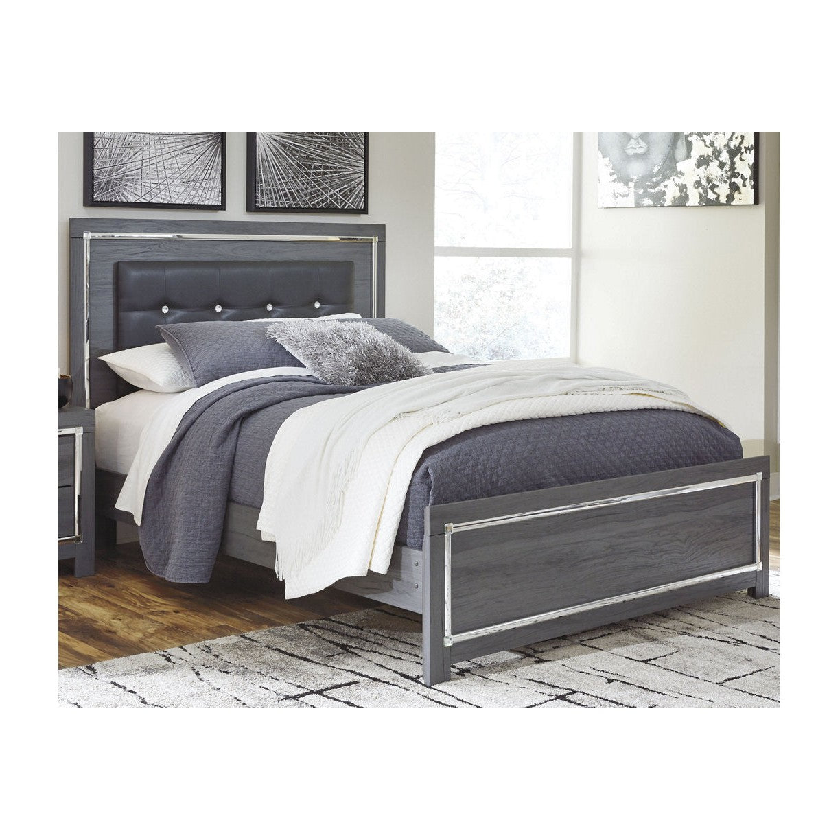 Lodanna Gray Queen LED Upholstered Panel Bed