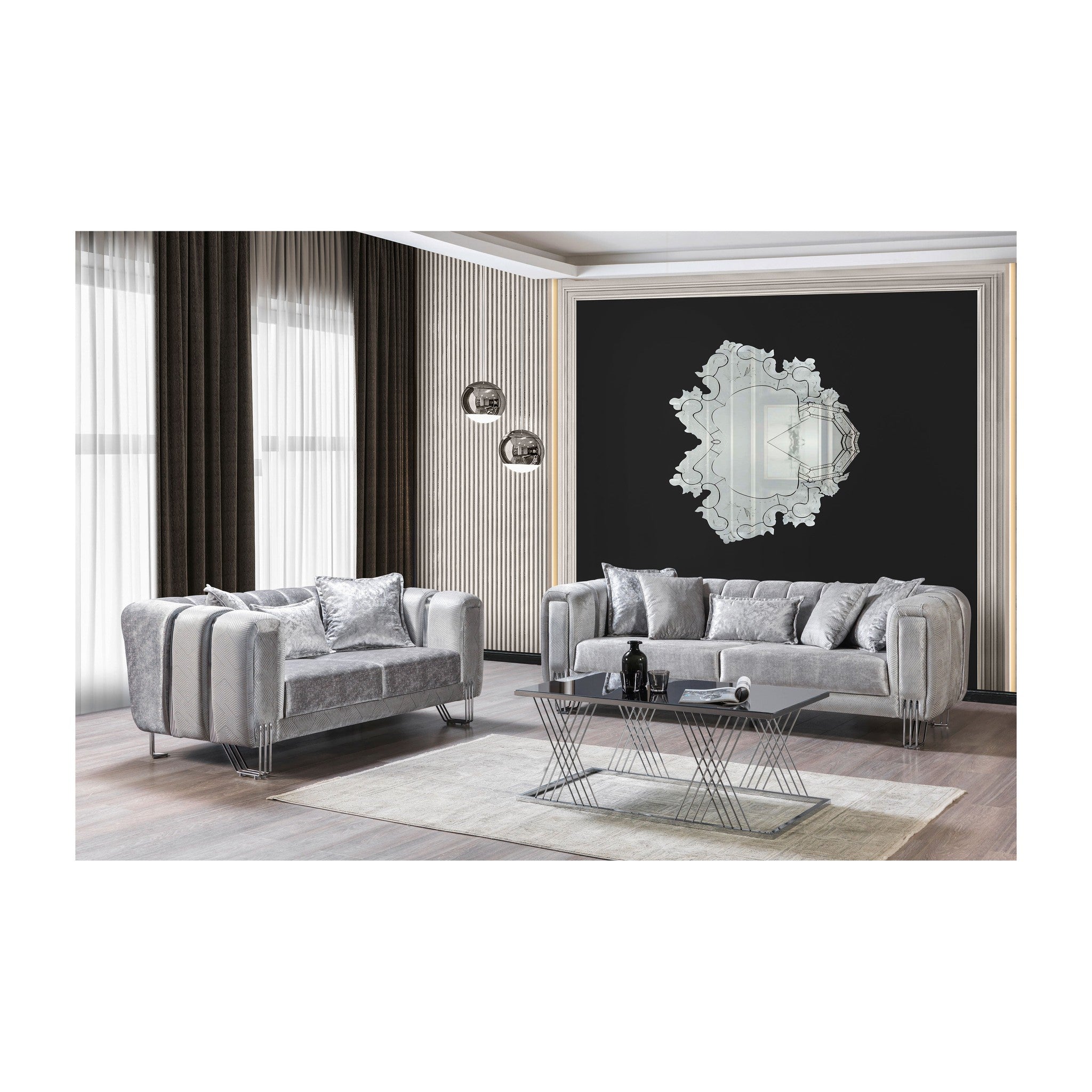 Santana Silver Velvet Sofa 89" & Loveseat 69"