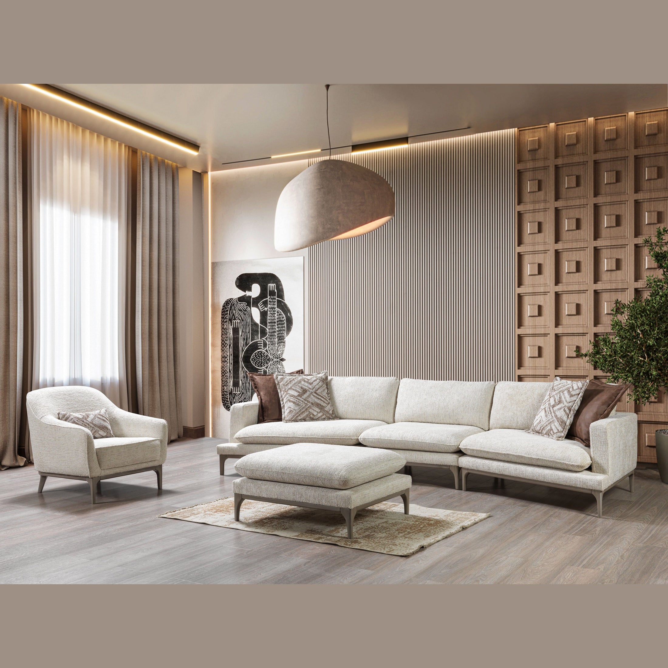Dylan Ivory Linen 3-Piece Curved 126" Sectional with Ottoman