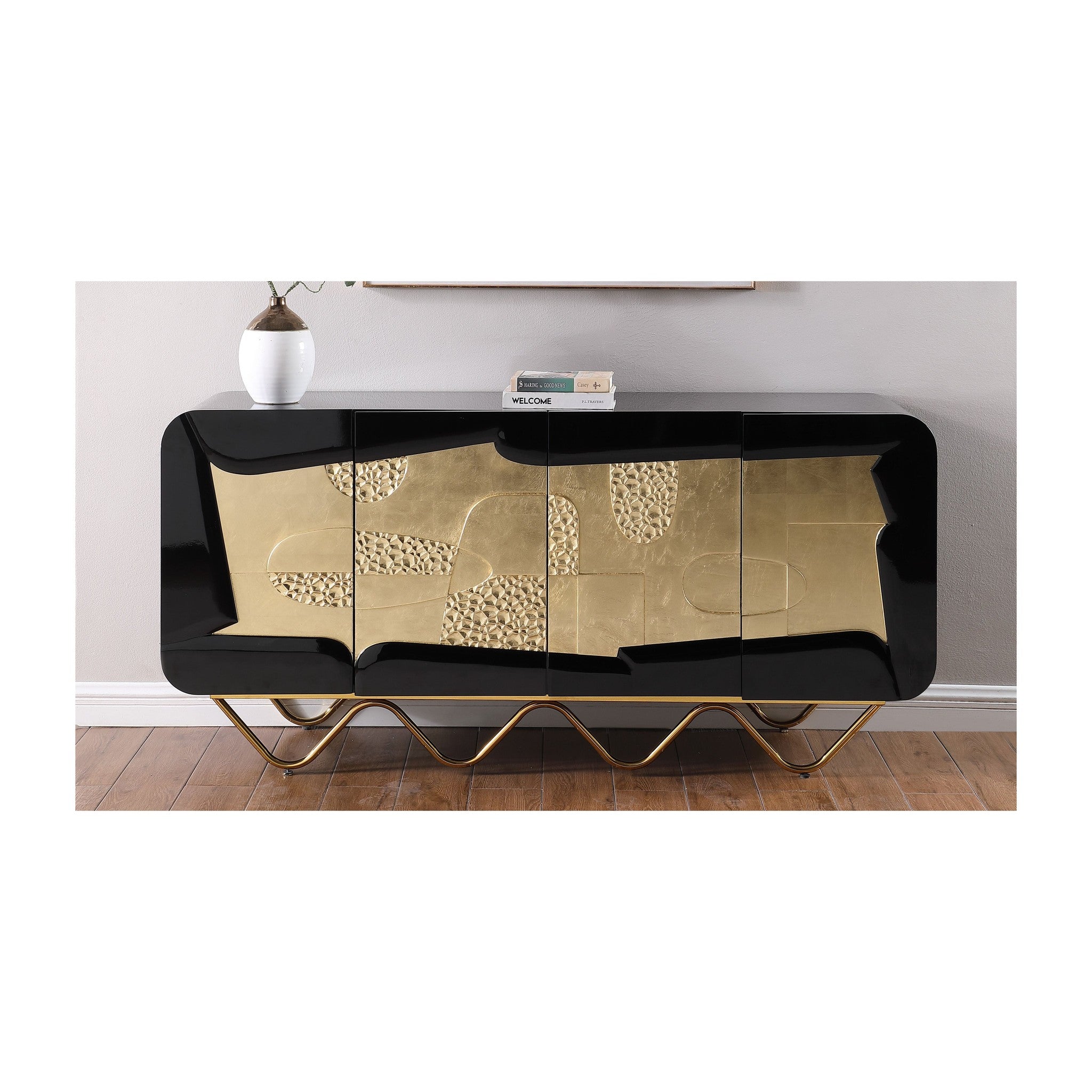 A-C14 Adora Console Black lacquer, gold leaf and gold stainless steel