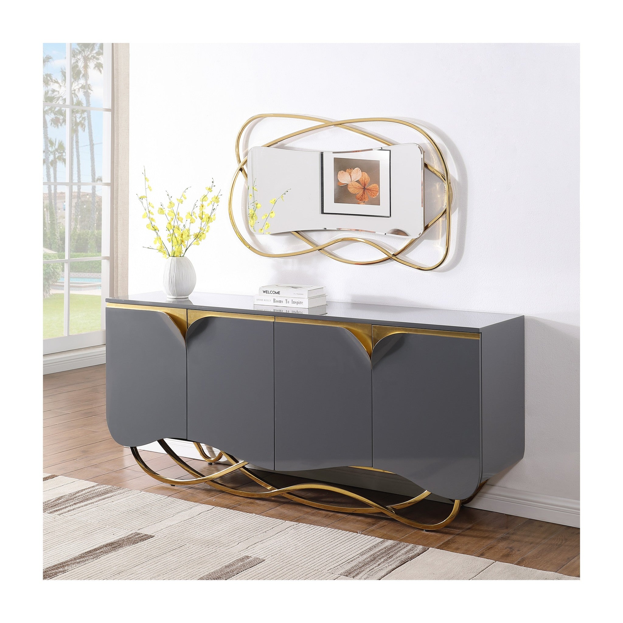A-C15 Brivo Console Grey lacquer, shinning gold paint, gold stainless steel