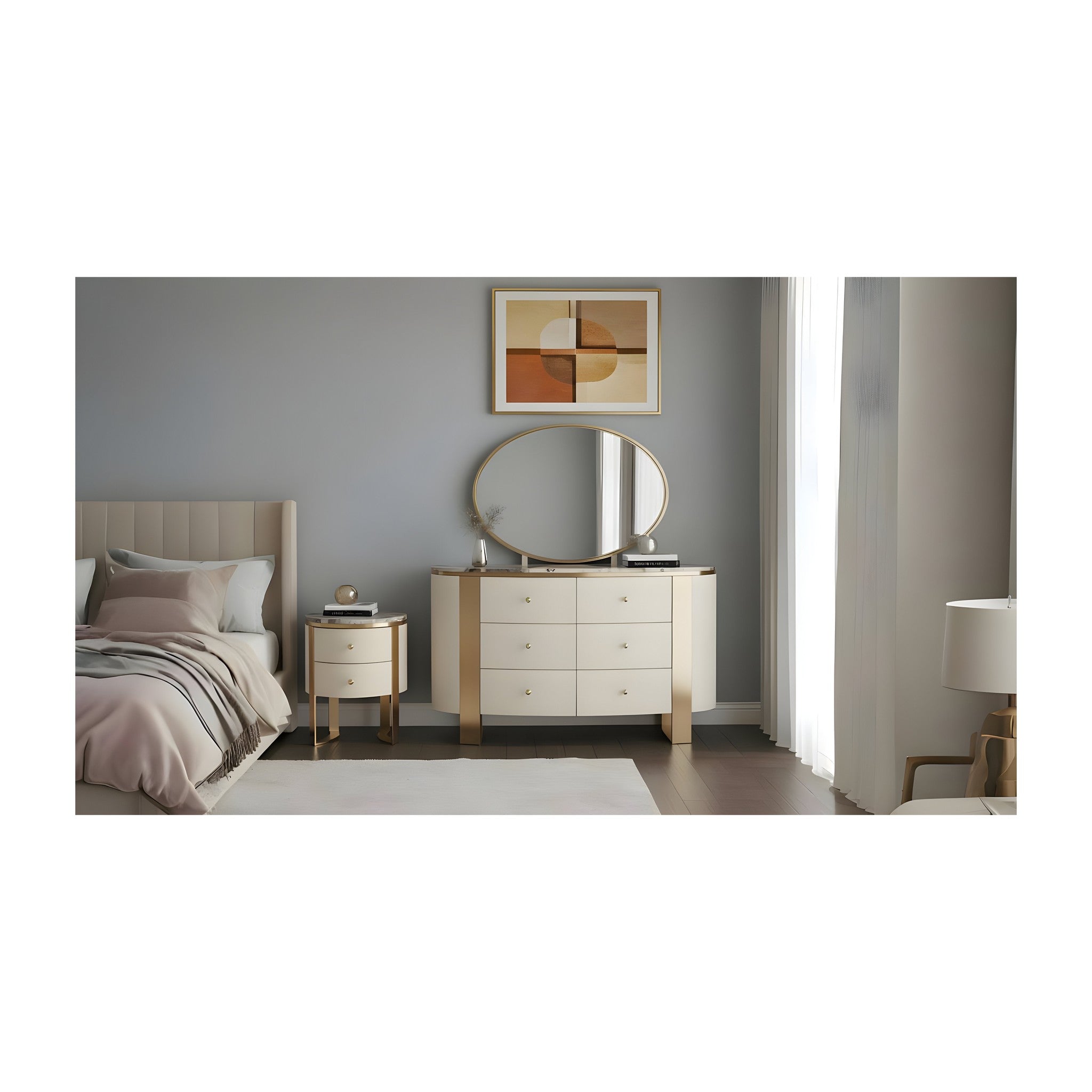 Cornina Dresser and Mirror Cream and Gold Accent
