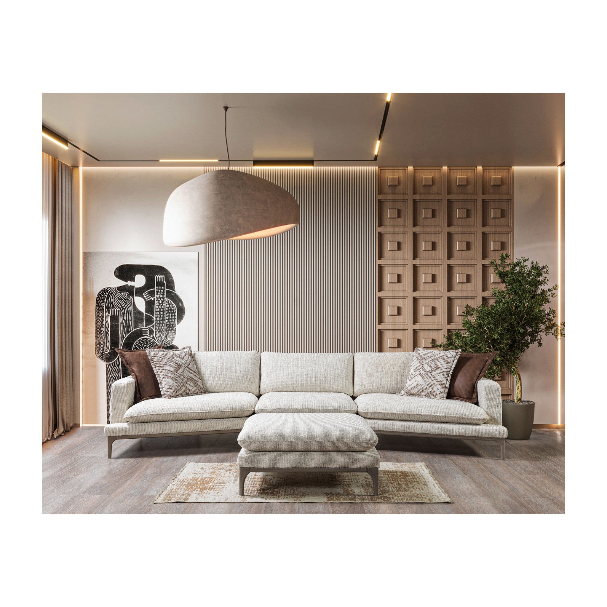 Dylan Ivory Linen 3-Piece Curved 126" Sectional with Ottoman