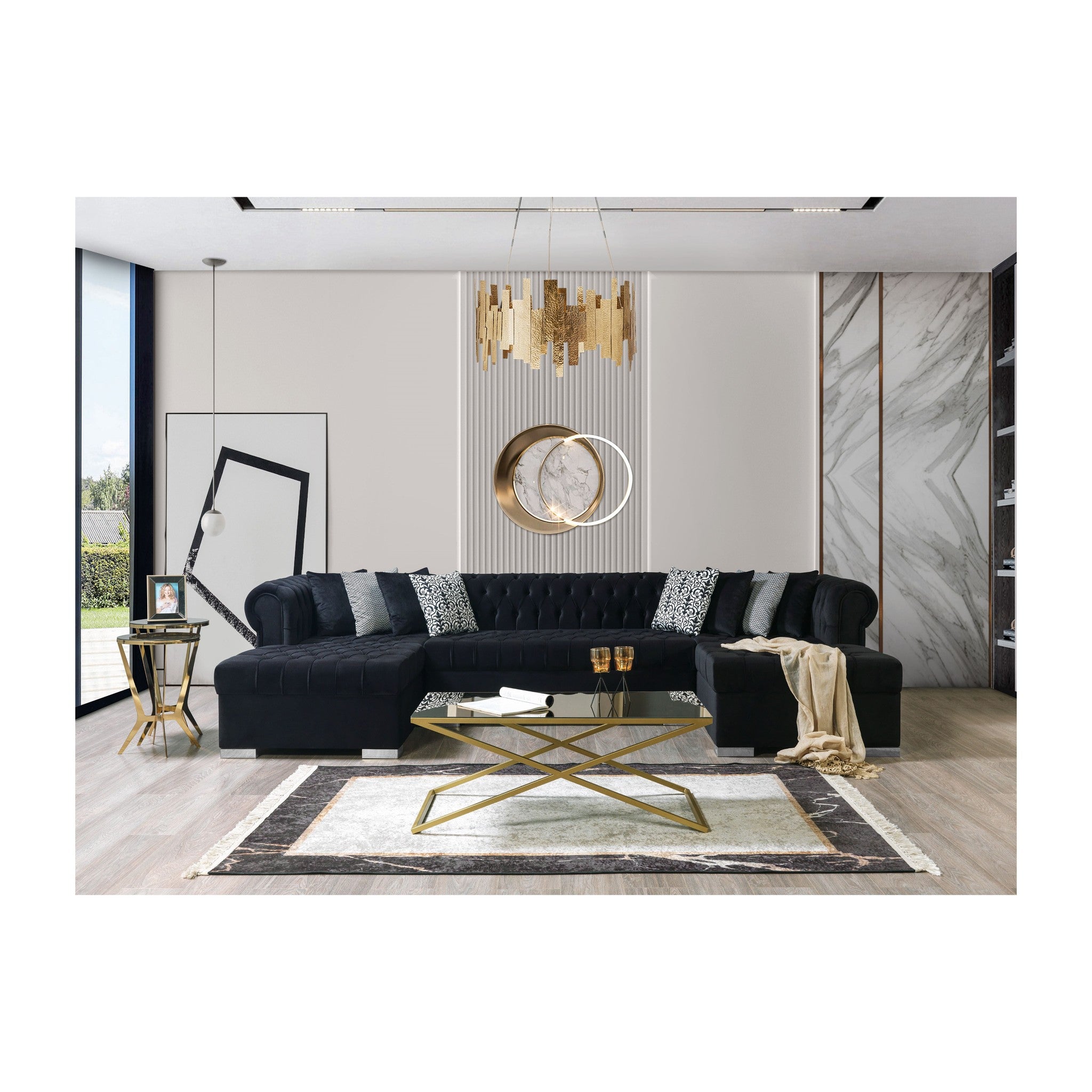 Lauren Black Velvet Double Chaise 136" Sectional