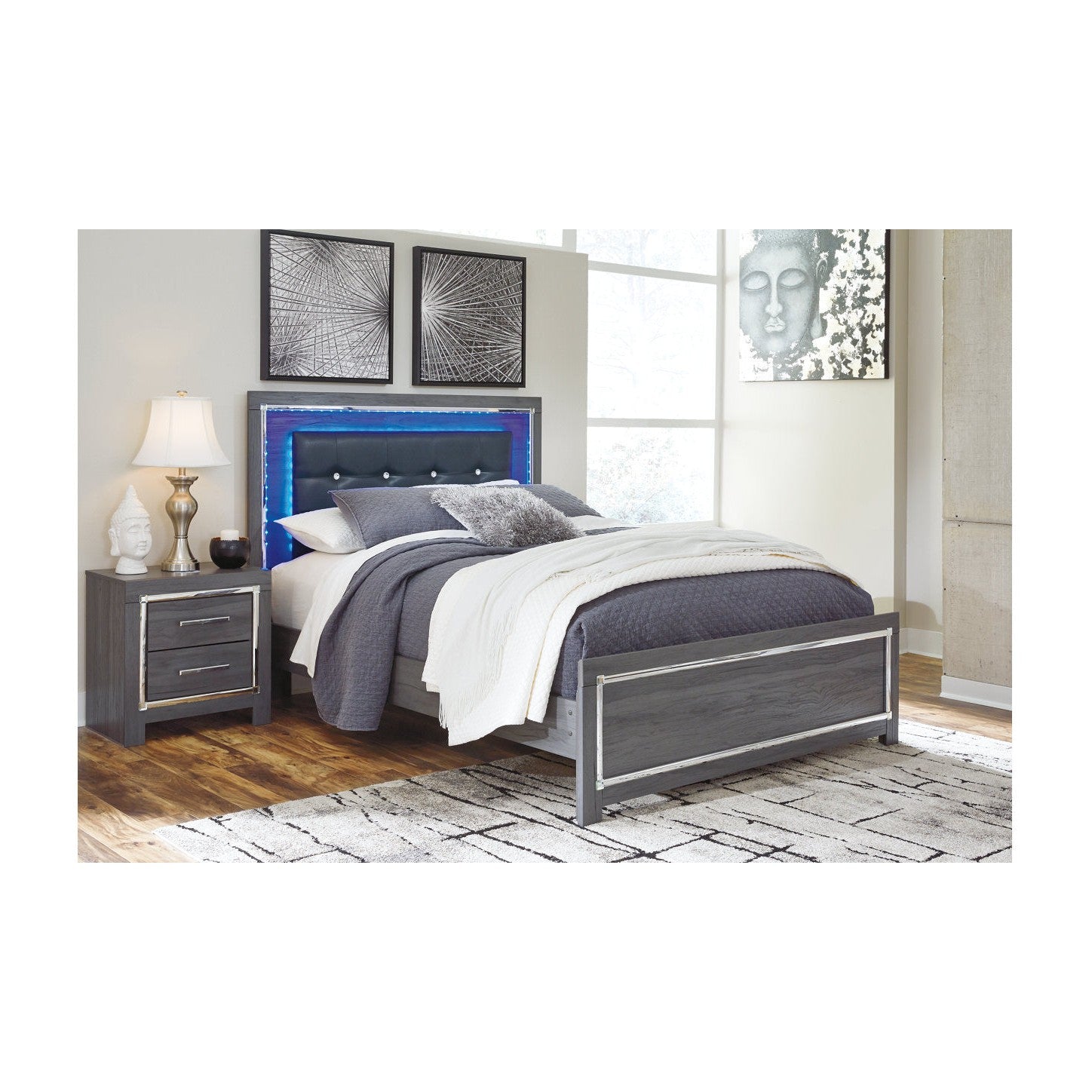 Lodanna Gray Queen LED Upholstered Panel Bed