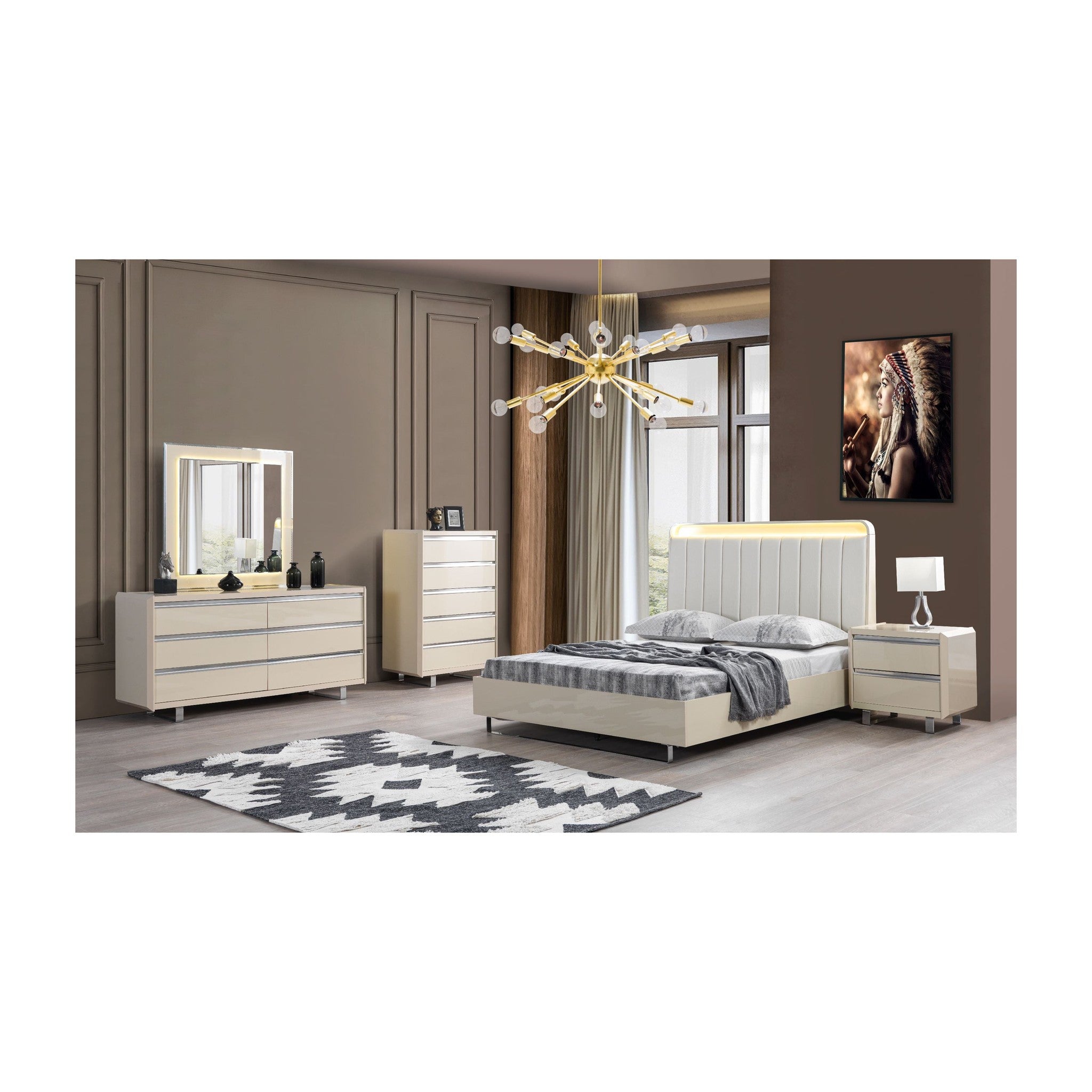 Viola Cream High Gloss Lacquer 4 pc Queen Bedroom Set